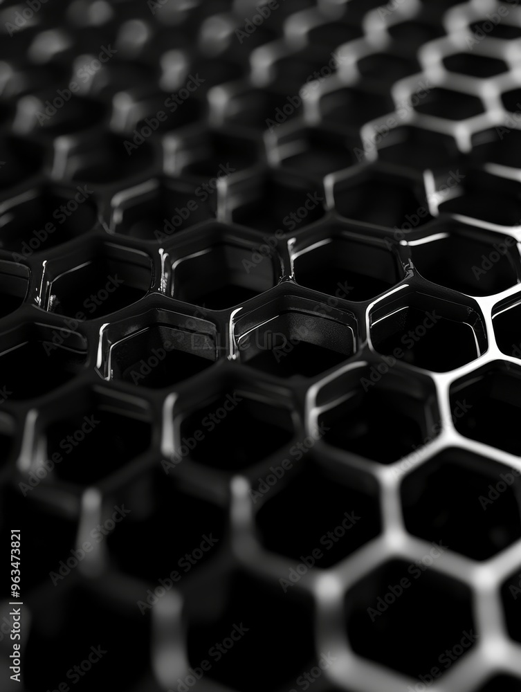Poster a close-up shot of a black and white honeycomb pattern. the pattern creates a sense of order, struct