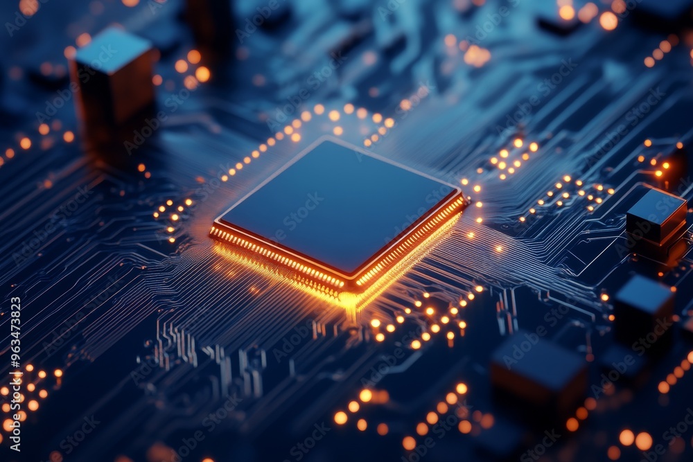 Poster a close-up shot of a cpu chip on a circuit board, showcasing the intricate details of modern technol