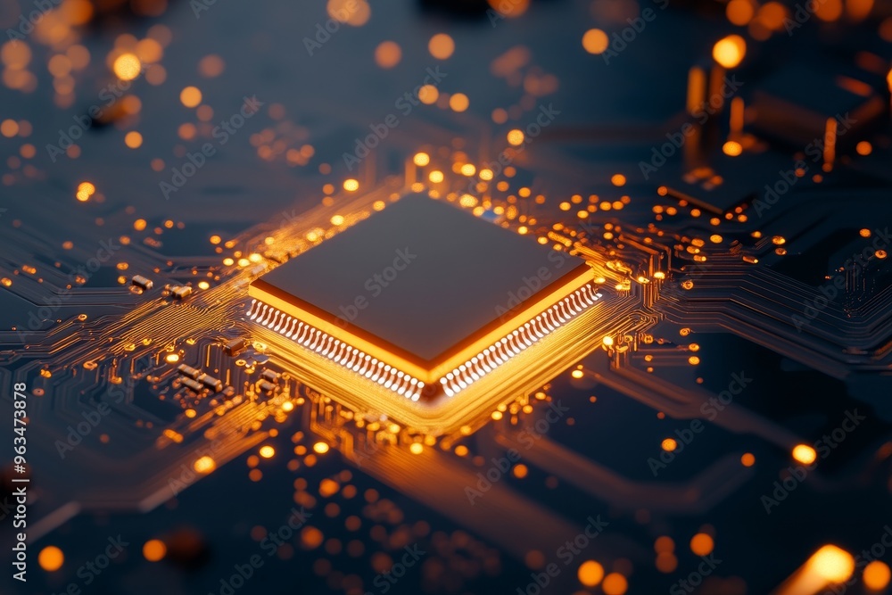Poster a close-up shot of a cpu chip on a circuit board with glowing lights. the chip is illuminated in a w