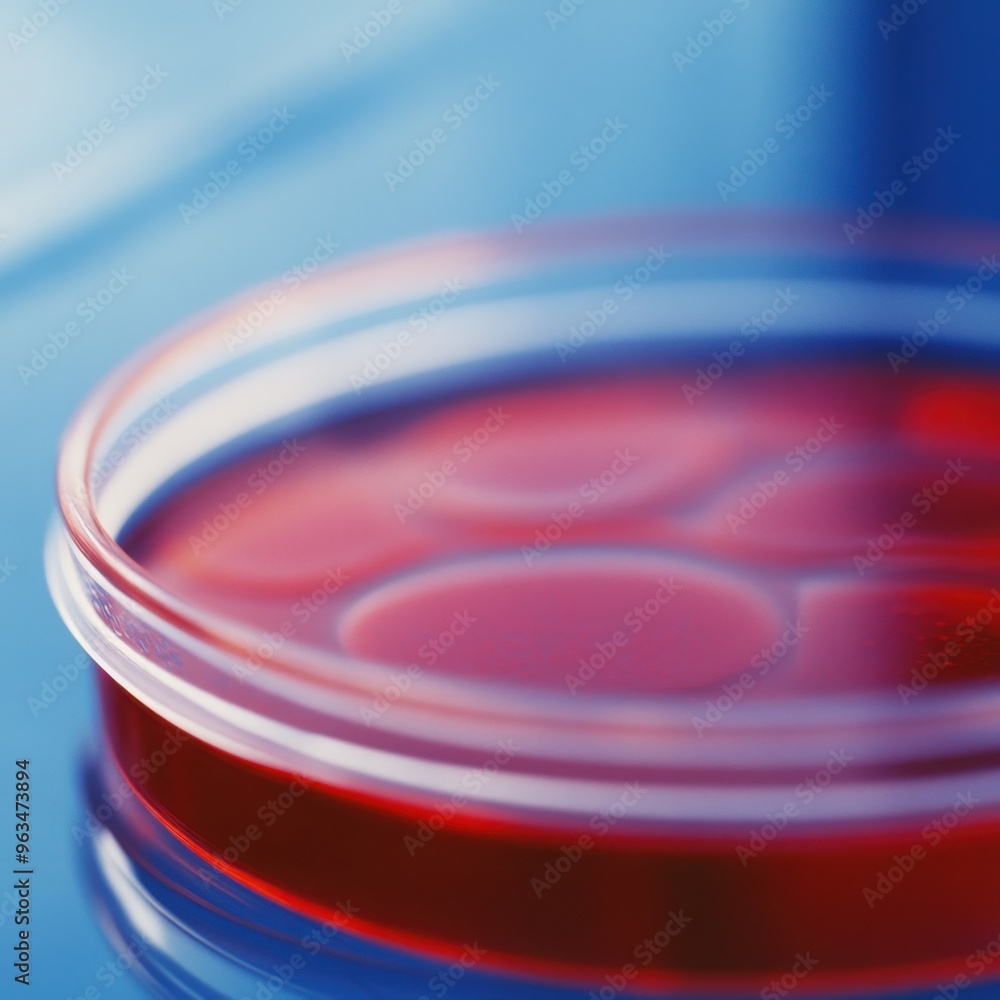 Poster close-up of petri dish with genetically engineered microorganisms in a state-of-the-art biotech lab 