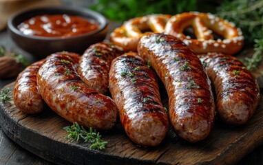 Fototapeta premium Traditional Bavarian sausages and pretzels on a rustic wooden table during the festive season of Oktoberfest