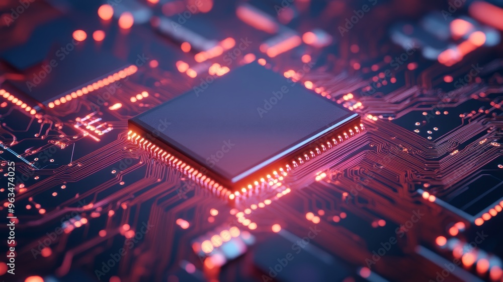 Poster a close-up shot of a modern microchip on a circuit board, showcasing the intricate details of electr