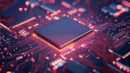 A close-up shot of a modern microchip on a circuit board, showcasing the intricate details of electronic components and the power of technology. The red glow symbolizes progress, innovation, and the f
