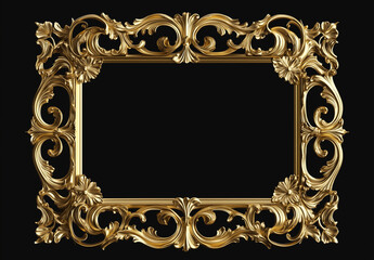Ornate golden vintage frame, baroque style, black background with copy space