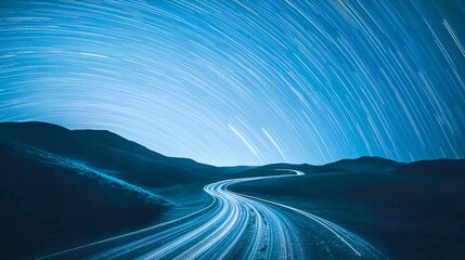 A mesmerizing night scene with star trails above a winding road, capturing the beauty of the sky and landscape in blue hues.