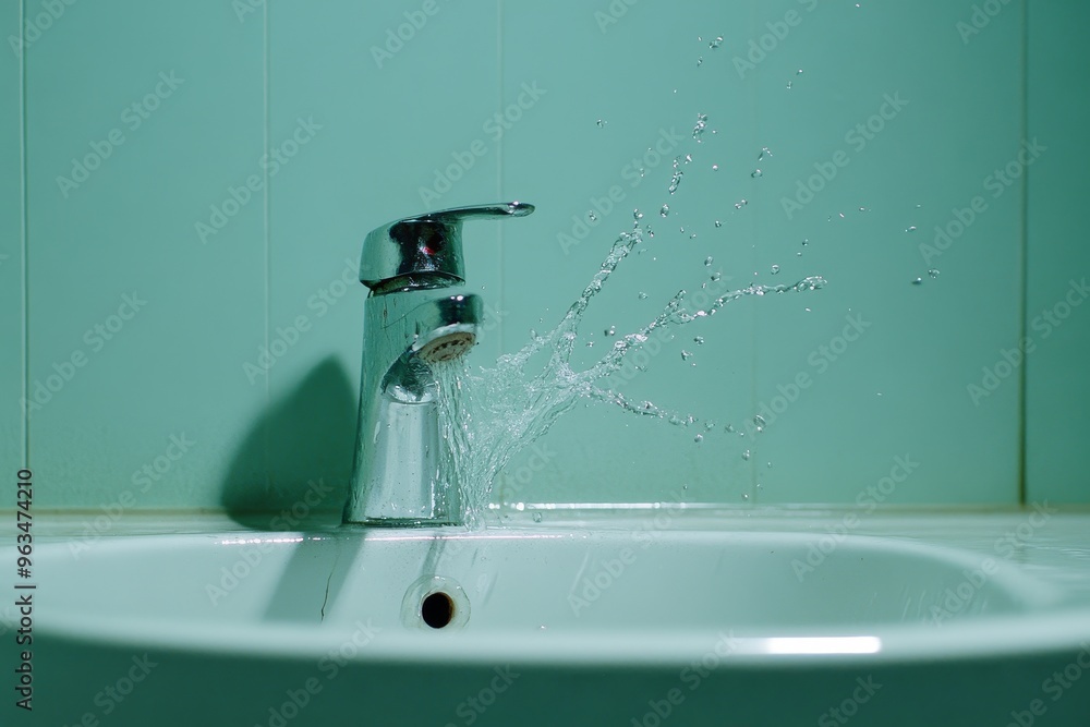 Aufkleber a close-up shot of a silver faucet in a bathroom sink with water splashing from it, creating a dynam