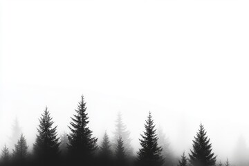 Obraz premium A peaceful and serene black silhouette of pine trees emerges against a soft, foggy white background, beautifully evoking a sense of tranquility and harmony within the wonders of nature