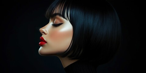 Fototapeta premium Elegant woman with short black hair, bold red lipstick, and closed eyes in a glamorous setting, capturing sophistication and modern beauty.