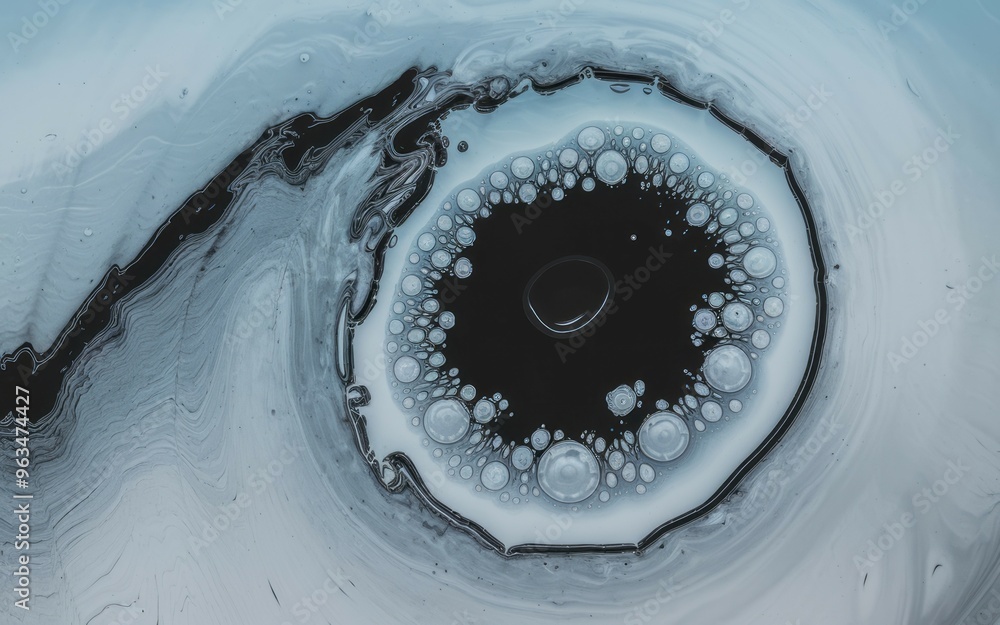 Aufkleber abstract liquid art. abstract image of black liquid with white bubbles, creating a circular pattern,