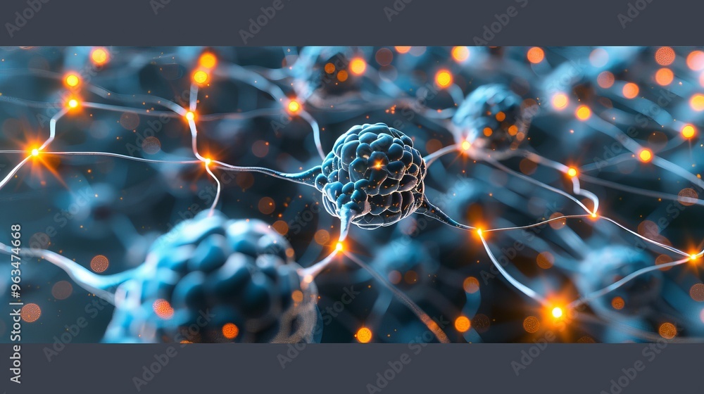 Poster close up illustration of neural network activity featuring glowing synapses and neurons in darkness