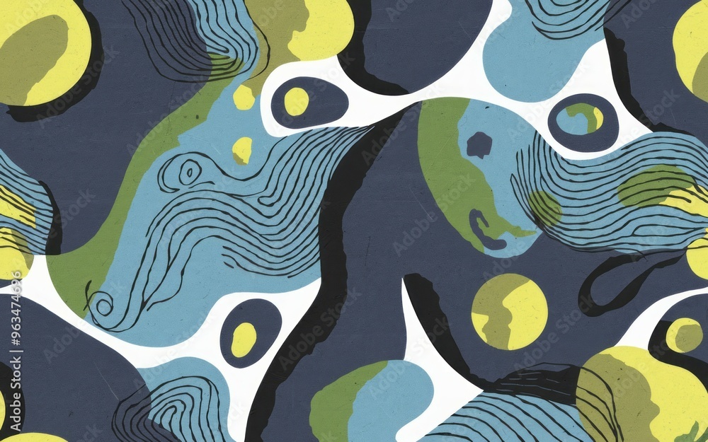 Poster Abstract swirls pattern. Abstract pattern with swirls and shapes in blue, green, and yellow. Perfect for modern design projects.