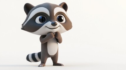A cute, cartoonish raccoon character with big eyes, looking cheerful and playful.