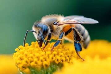 Macro photo of a bee gathering nectar from a flower showing the fine details of its fuzzy body and tiny legs at work