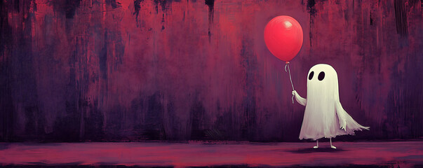 A cartoon ghost with black eyes holds a pink balloon against a textured purple background, blending spooky with playful charm.