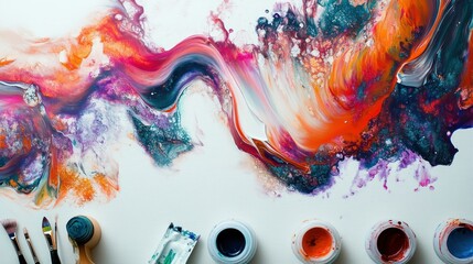 Abstract Painting with Colorful Swirls and Paint Supplies