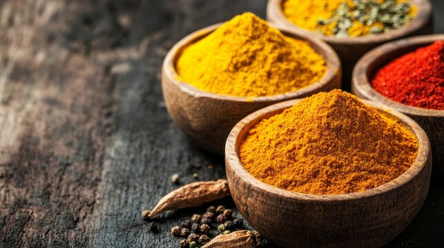 A close-up shot of colorful spices in wooden bowls on a rustic wooden surface. The image evokes feelings of warmth, flavor, and the culinary arts. The spices represent different cultures and cuisines,
