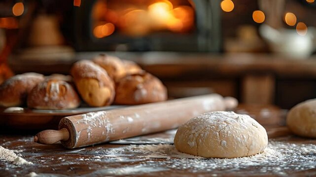 Freshly baked bread and dough on a wooden table in a rustic kitchen.