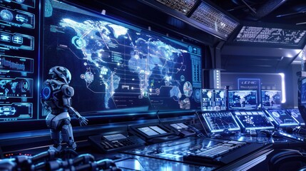 Futuristic Control Room with Robot Analyzing Data