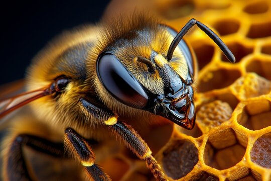 Macro photo of a bee's eye, multifaceted and reflective offering a glimpse into the tiny, complex world of insects