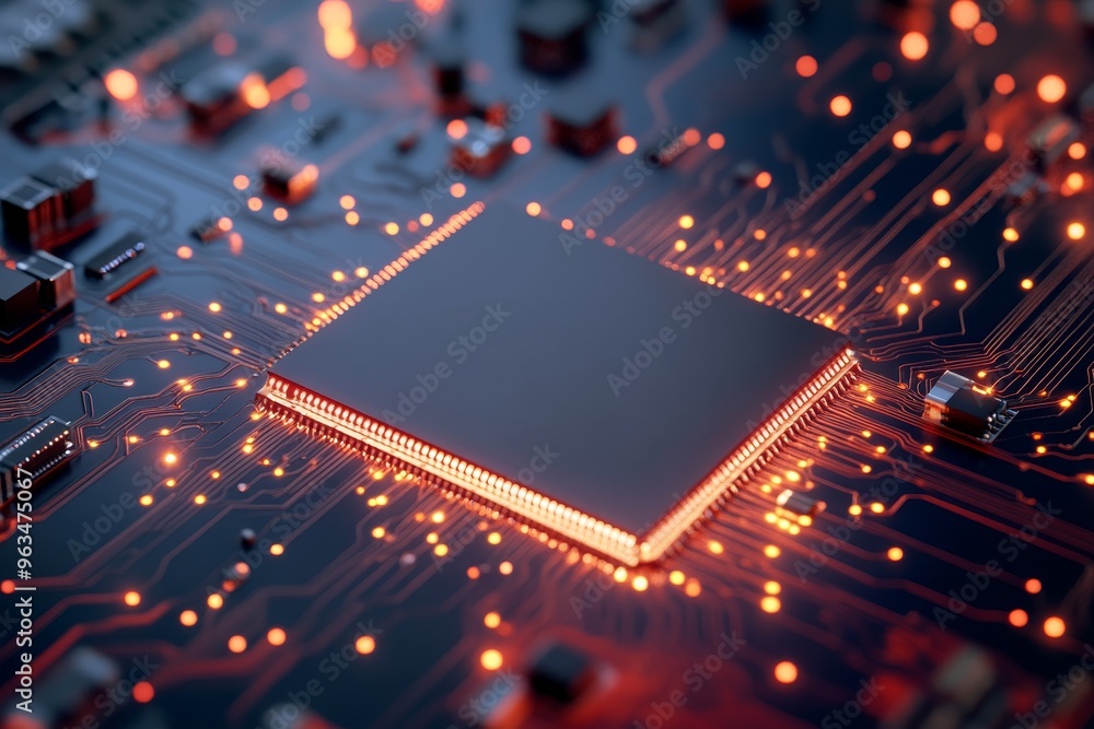 Aufkleber a close-up view of a cpu chip on a circuit board. the chip is illuminated by glowing lights, symboli