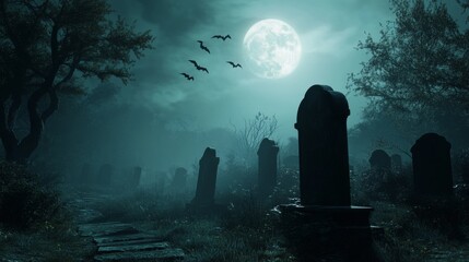 Foggy Graveyard with Weathered Tombstones and Full Moon