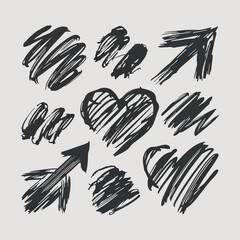 Fototapeta premium Doodle-style crown, hearts, and arrows illustration..