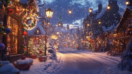 Snowy Christmas Street Scene with Decorated Buildings and Falling Snow