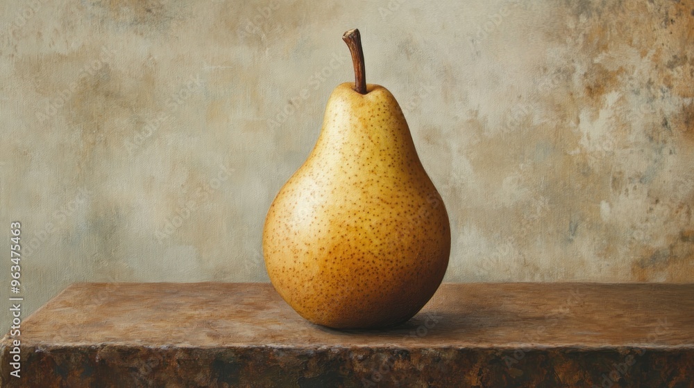Poster a single ripe pear resting on a wooden table