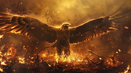 Golden Eagle Rising from Flames