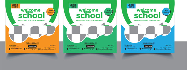 School Admission Social Media Post Banner Promotion Ads | Educational Social Media Most Square Flyer Back To School | Web Banner Design Template With Various Colors Bundle
