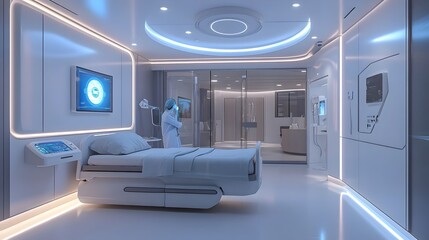 Cutting-Edge Telemedicine Facility with Holographic Interface and Serene Aesthetic
