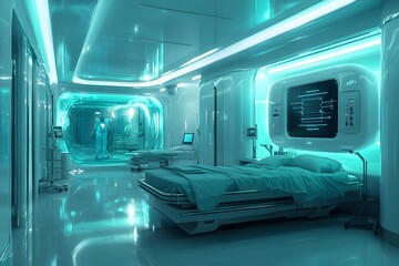Futuristic Hospital Ward with Robotic Patient Treatments in Gleaming Chrome and Glass Ambiance