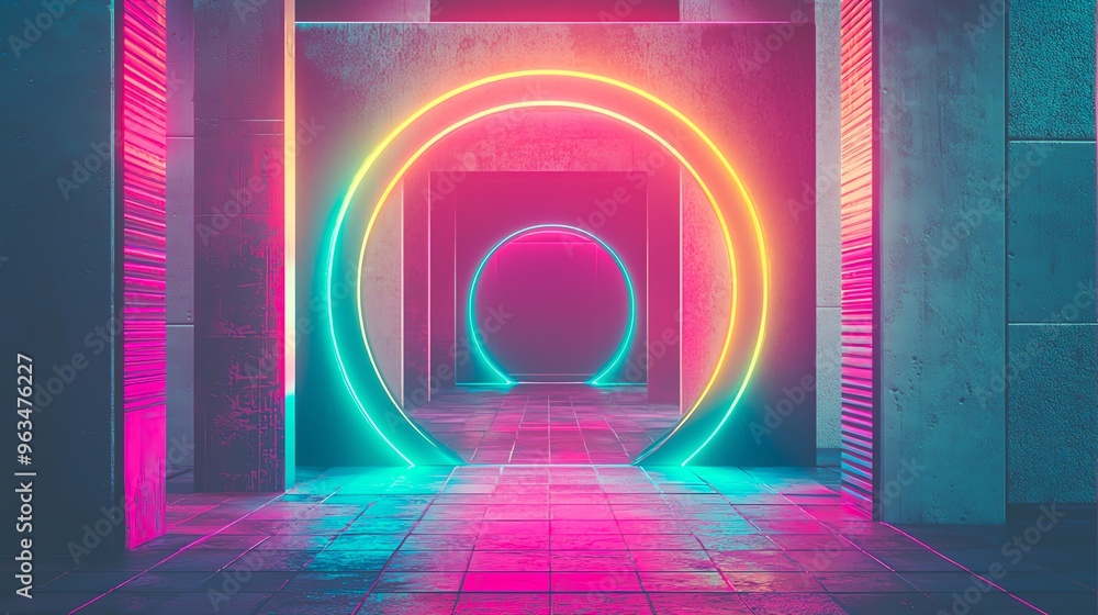 Poster a vibrant neon tunnel with glowing circular lights illuminating a modern corridor, creating a futuri