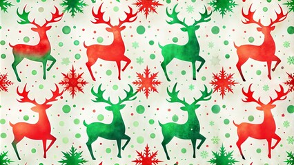Christmas pattern featuring red and green reindeer with snowflakes and festive elements