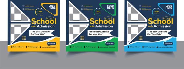 School Admission Social Media Post Banner Promotion Ads | Educational Social Media Most Square Flyer Back To School | Web Banner Design Template With Various Colors Bundle
