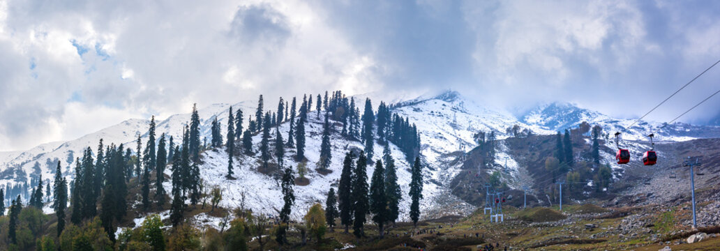 View of Apharwat Peak from Gulmarg Gondola ropeway at Kongdoori, Gulmarg, Jammu and Kashmir, India. Gulmarg Gondola is one of the highest in the world reaching 3,979 metres above sea level.
