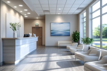 Fototapeta premium Inviting and Welcoming Reception Area of a Modern Healthcare Clinic with Comfortable Seating and Abundant Natural Light