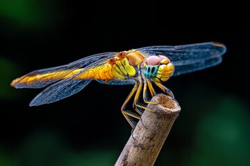 Macro photo of a dragonfly perched on a reed, wings resting and showing every intricate detail of its delicate frame