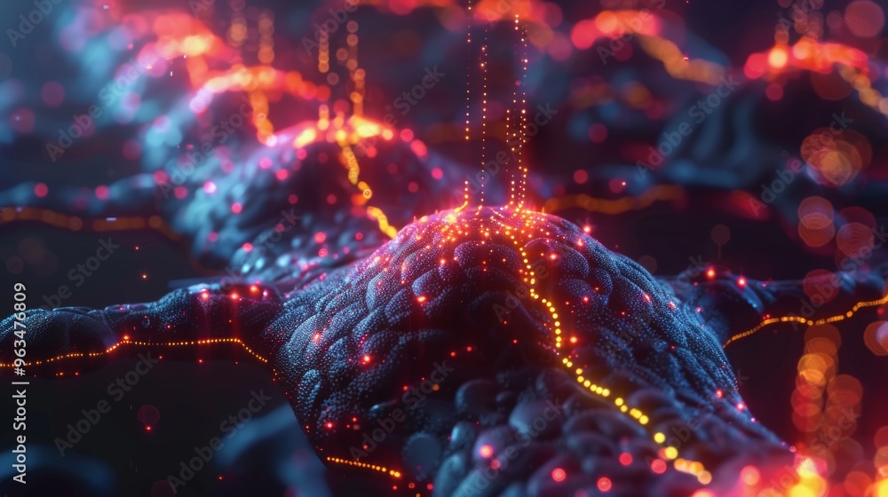 Poster close up of neural network activity glowing synapses and neurons on a dark background
