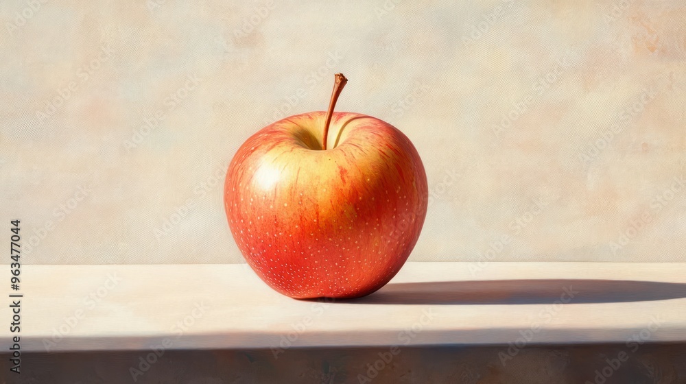 Poster red apple on a light wooden surface with a subtle shadow