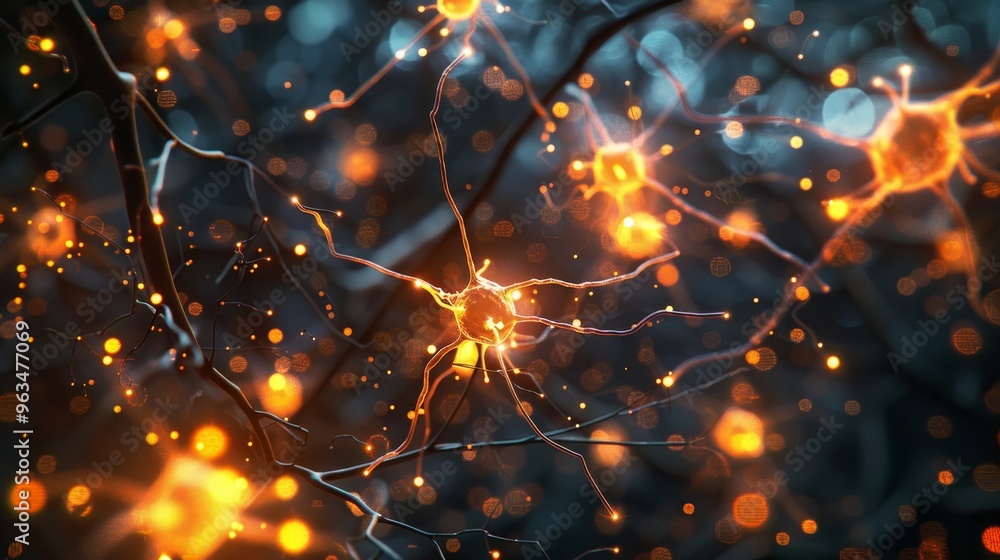 Poster close up of neural network activity showcasing glowing synapses and neurons against dark backdrop