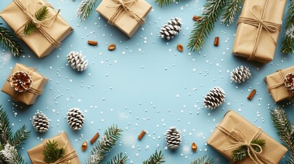 Fototapeta premium Festive holiday greeting card with ornaments and gifts on a winter blue background