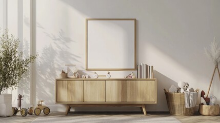 Modern Nursery Decor with Wooden Cabinet and Blank Canvas