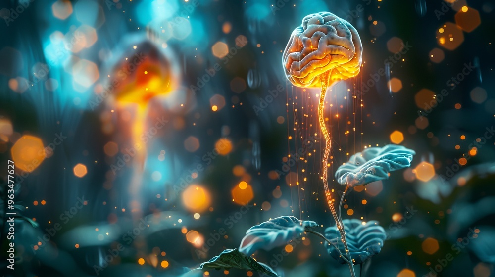 Poster close up view of neural network activity with glowing synapses and neurons on dark background