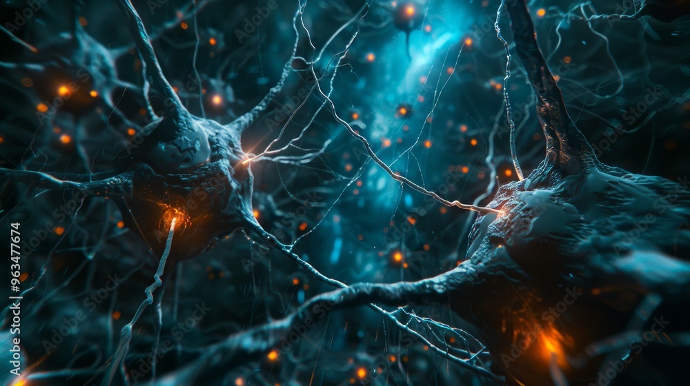 Poster close up of neural network activity glowing synapses and neurons on a dark background