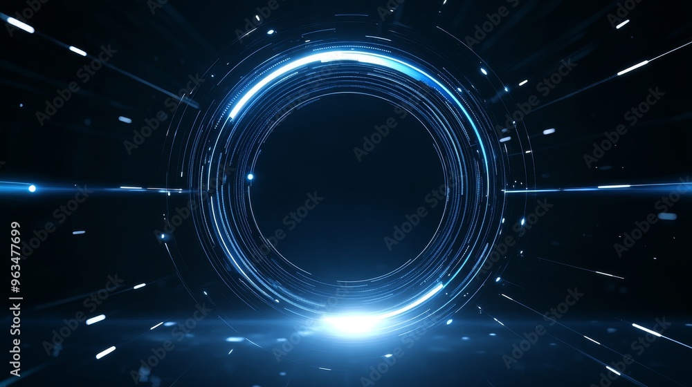 Poster a dark futuristic abstract background with a glowing neon circle in the center. the circle is surrou