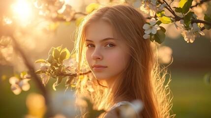 Fototapeta premium Teen by apple trees in sunlight