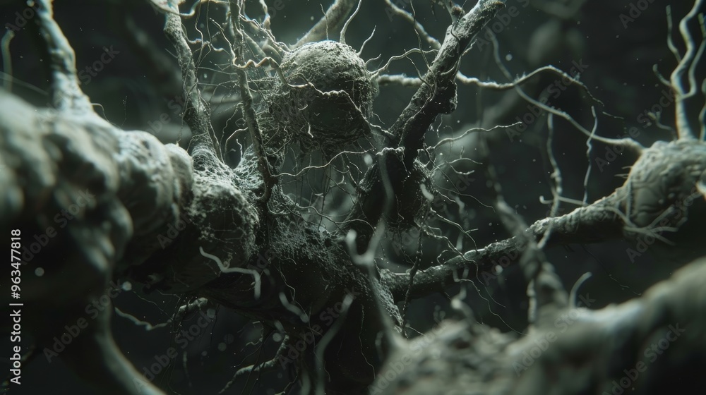Poster intricate visualization of neural network activity featuring illuminated synapses on a dark backdrop