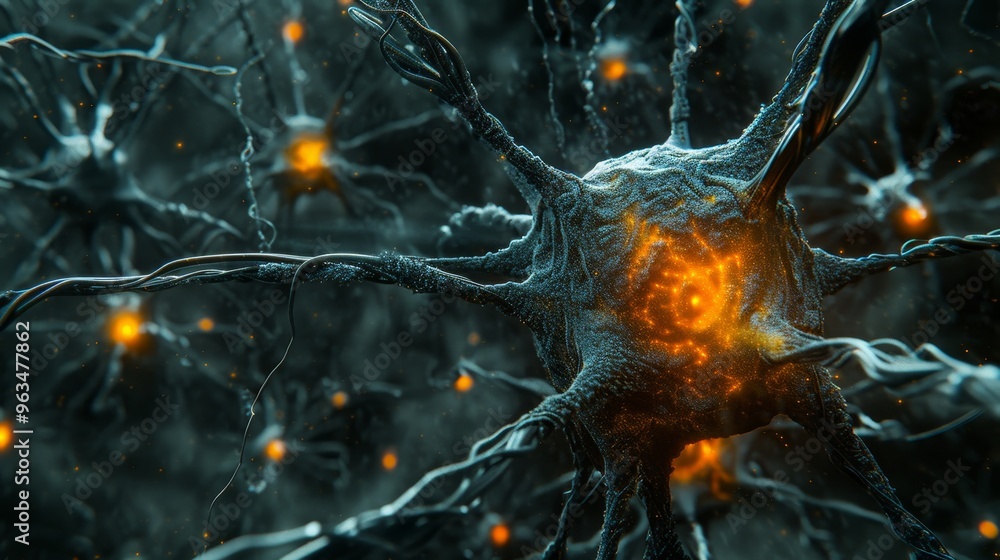 Poster close up of neural network activity with glowing synapses and neurons on dark background