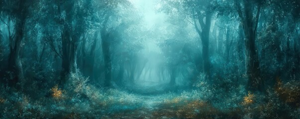 Fototapeta premium Mystical forest landscape, fantasy element, digital painting, dark greens and blues, isolated on white background